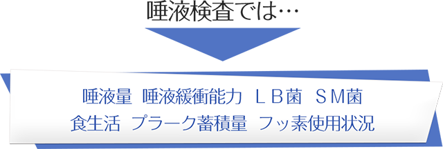 唾液検査では…唾液量、唾液緩衝能力、LB菌、SM菌、食生活、プラーク蓄積量、フッ素使用状況