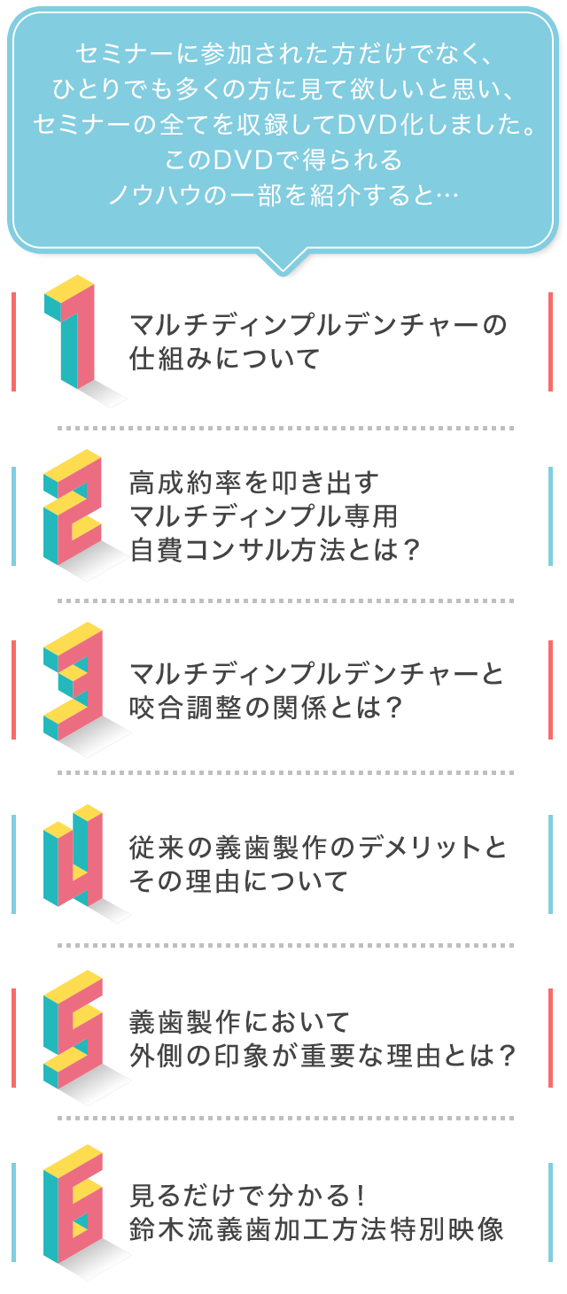 セミナーに参加された方だけでなく、ひとりでも多くの方に見て欲しいと思い、セミナーの全てを収録してDVD化しました。このDVDで得られるノウハウの一部を紹介すると…☑マルチディンプルデンチャーの仕組みについて☑高成約率を叩き出すマルチディンプル専用自費コンサル方法とは？☑マルチディンプルデンチャーと咬合調整の関係とは？☑従来の義歯製作のデメリットとその理由について☑義歯製作において外側の印象が重要な理由とは？☑見るだけで分かる！鈴木流義歯加工方法特別映像