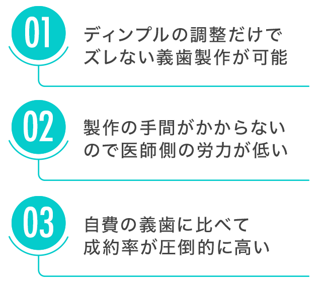 1.ディンプルの調整だけでズレない義歯製作が可能2.製作の手間がかからないので医師側の労力が低い3.自費の義歯に比べて成約率が圧倒的に高い