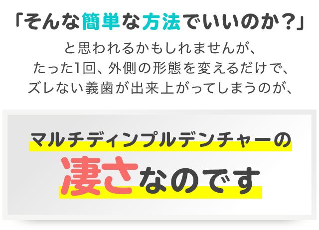 「そんな簡単な方法でいいのか？」と思われるかもしれませんが、たった1回、外側の形態を変えるだけで、ズレない義歯が出来上がってしまうのが、マルチディンプルデンチャーの凄さなのです。