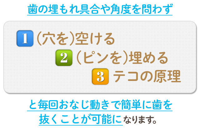 歯の埋もれ具合や角度を問わず『①（穴を）空ける②（ピンを）埋める③テコの原理』と毎回おなじ動きで簡単に歯を抜くことが可能になります。