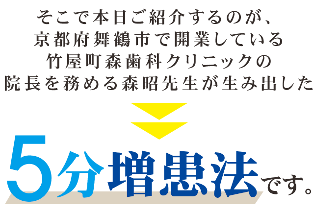 そこで本日ご紹介するのが、京都府舞鶴市で開業している竹屋町森歯科クリニックの院長を務める森昭先生が生み出した「5分増患法」です。