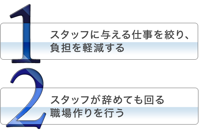 具体的には次の2つとなります。①	スタッフに与える仕事を絞り、負担を軽減する②	スタッフが辞めても回る職場作りを行う