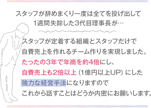 スタッフが辞めまくり一度は全てを投げ出して1週間失踪した3代目理事長が…スタッフが定着する組織とスタッフだけで自費売上を作れるチーム作りを実現しました。たったの3年で年商を約4倍にし、自費売上も2倍以上（1億円以上UP）にした強力な経営手法になりますのでこれから話すことはどうか内密にお願いします。