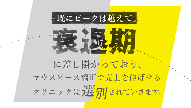 既にピークは越えて衰退期に差し掛かっており、マウスピース矯正で売上を伸ばせるクリニックは選別されていきます。。