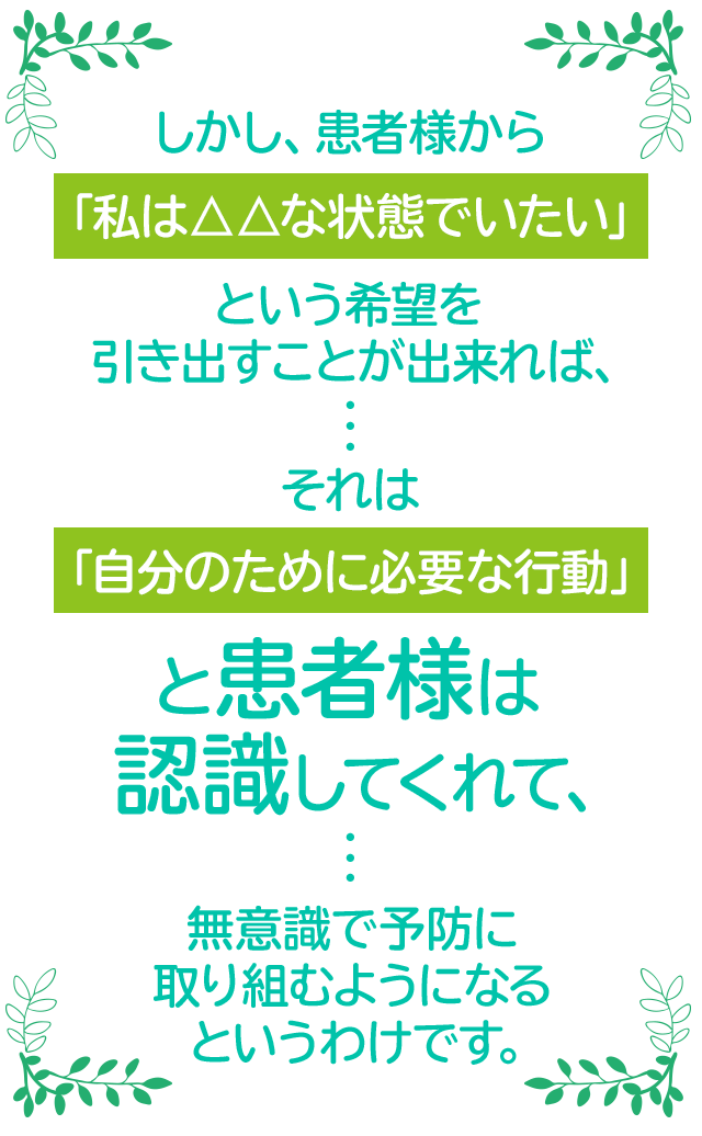 しかし、患者様から「私は△△な状態でいたい」という希望を引き出すことが出来れば、それは「自分のために必要な行動」と患者様は認識してくれて、無意識で予防に取り組むようになるというわけです。