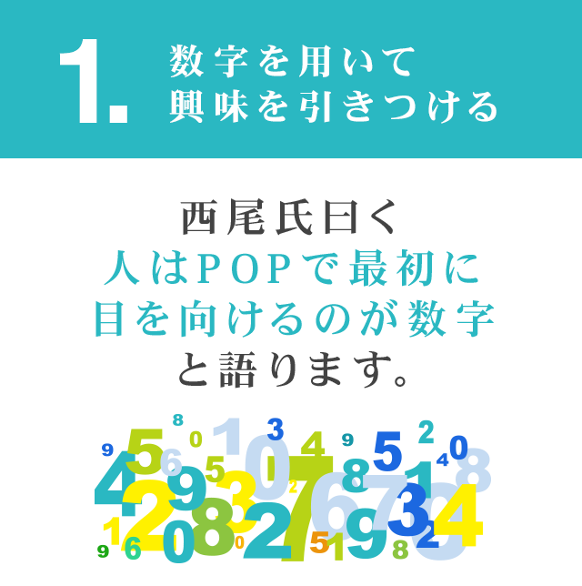 ①数字を用いて興味を引きつける 西尾氏曰く「人はPOPで最初に目を向けるのが数字」と語ります。