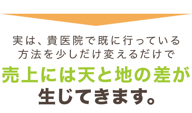 実は、貴医院で既に行っている方法を少しだけ変えるだけで売上には天と地の差が生じてきます。