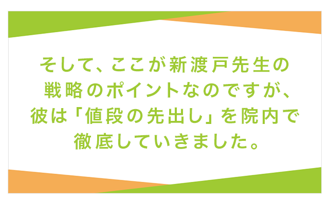 そして、ここが新渡戸先生の戦略のポイントなのですが、彼は「値段の先出し」を院内で徹底していきました。