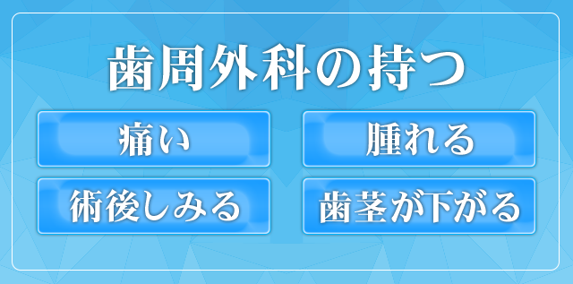 歯周外科の持つ「痛い」「腫れる」「術後しみる」「歯茎が下がる」