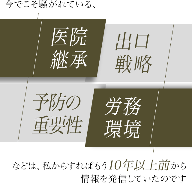 今でこそ騒がれている「医院継承」「出口戦略」「予防の重要性」「労務環境」などは、