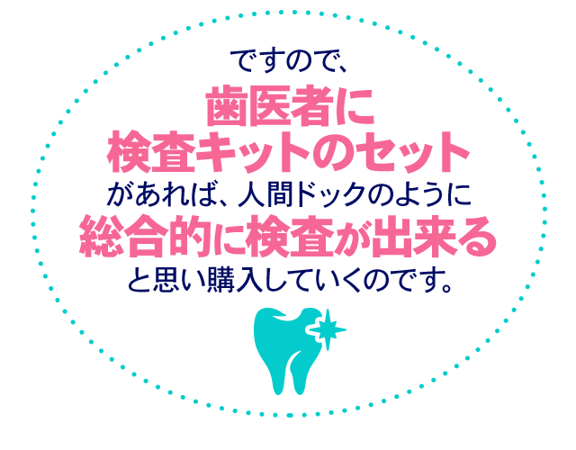 ですので、歯医者に検査キットのセットがあれば、人間ドックのように総合的に検査が出来ると思い購入していくのです。