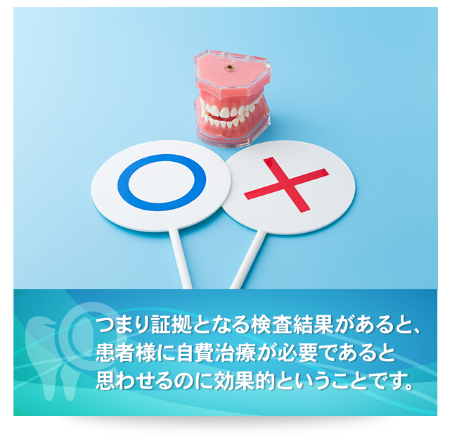 つまり証拠となる検査結果があると、患者様に自費治療が必要であると思わせるのに効果的ということです。