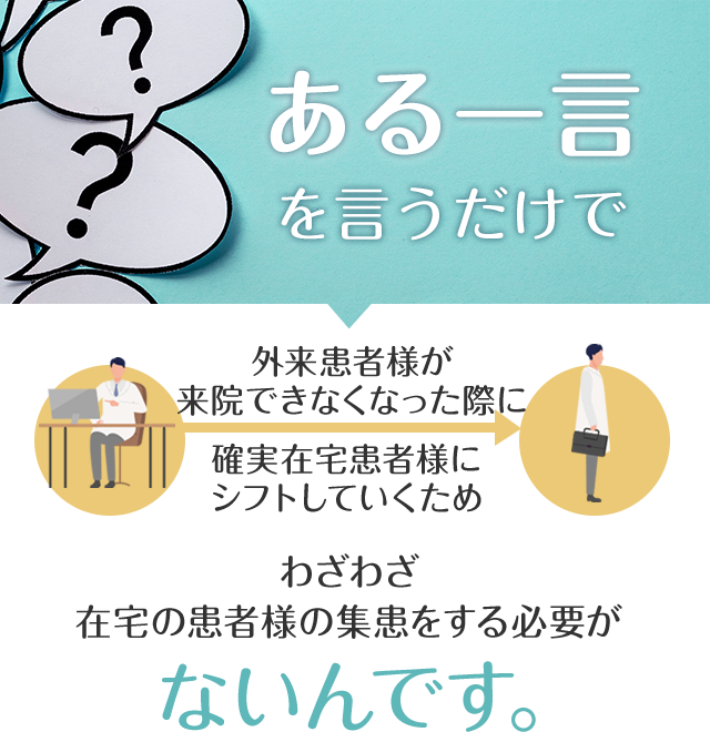 ある一言を言うだけで外来から在宅にシフトしていくため、わざわざ在宅の患者様の集患をする必要がないんです。