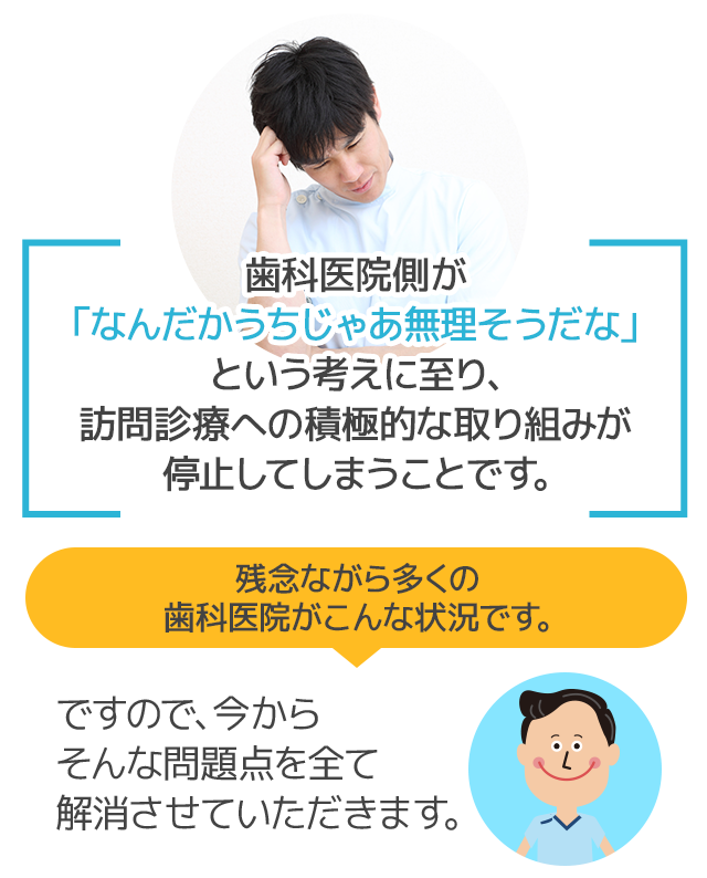 歯科医院側が「なんだかうちじゃあ無理そうだな」という考えに至り、訪問診療への積極的な取り組みが停止してしまうことです。残念ながら多くの歯科医院がこんな状況です。ですので、今からそんな問題点を全て解消させていただきます。