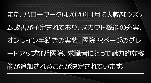 また、ハローワークは2020年1月に大幅なシステム改善が予定されており、スカウト機能の充実、オンライン手続きの実装、医院PRページのグレードアップなど医院、求職者にとって魅力的な機能が追加されることが決定されています。