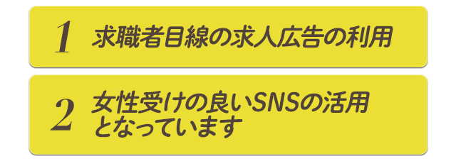 ①求職者目線の求人広告の利用②女性受けの良いSNSの活用となっています。