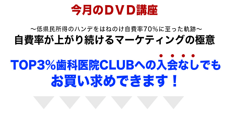 今月のＤＶＤ講座 ～低県民所得のハンデをはねのけ自費率70％に至った軌跡～自費率が上がり続けるマーケティングの極意