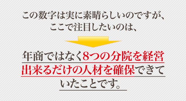 この数字は実に素晴らしいのですが、ここで注目したいのは、年商ではなく8つの分院を経営出来るだけの人材を確保できていたことです。