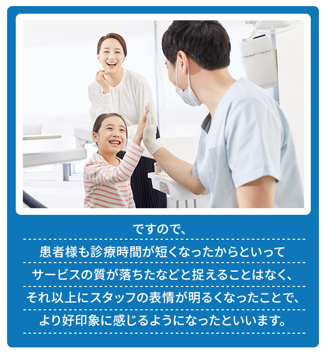 ですので、患者様も診療時間が短くなったからといってサービスの質が落ちたなどと捉えることはなく、それ以上にスタッフの表情が明るくなったことで、より好印象に感じるようになったといいます。